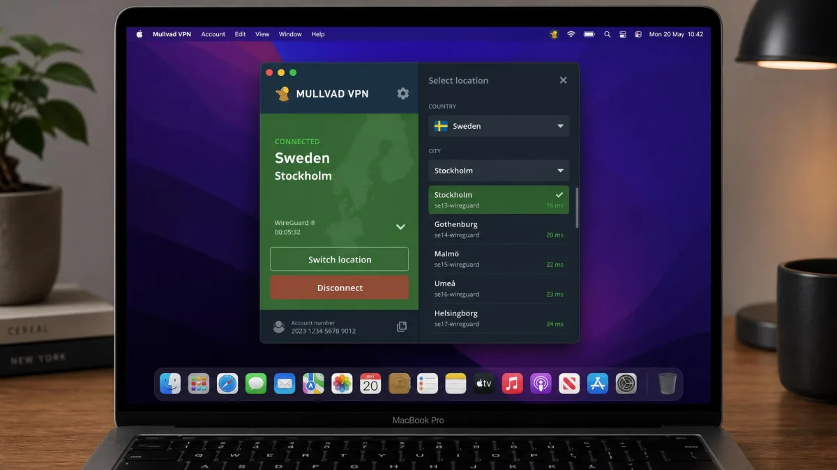 Mullvad macOS app open on a MacBook showing the connected status and the country and city server picker with the same layout as the Windows client.