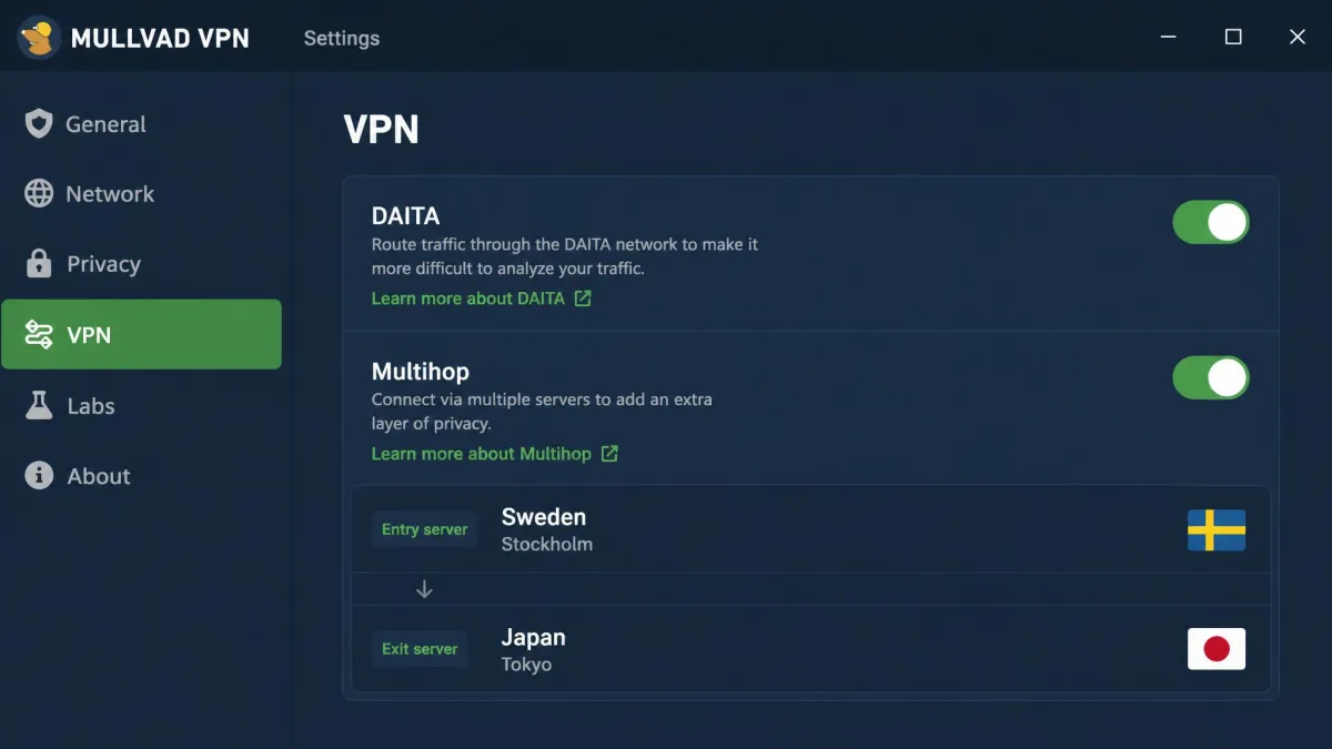 Mullvad's VPN settings screen with DAITA and Multihop both switched on, showing the entry and exit server locations listed underneath.