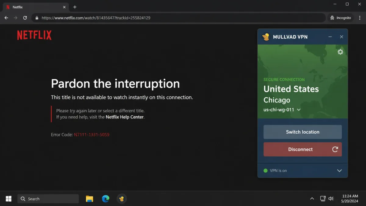 A Netflix error screen reading that the title is not available on this connection, displayed in a browser while the Mullvad app shows an active connection to a US server.