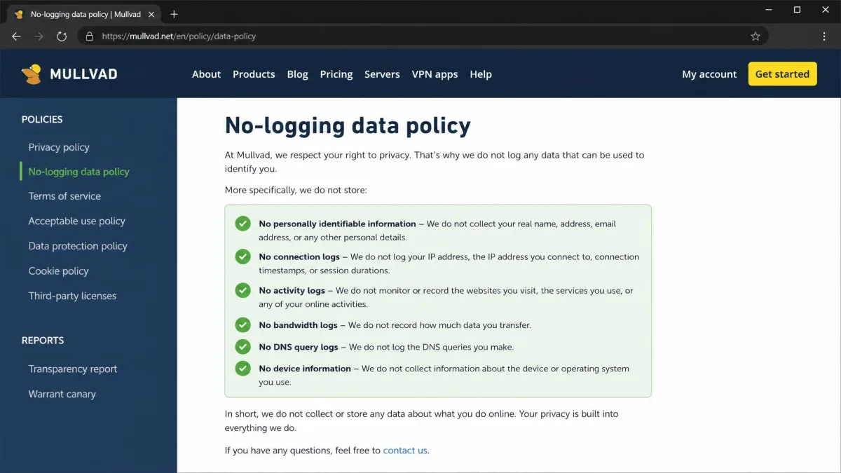 Mullvad's no-logging data policy page open in a browser, with the list of data the company does not store highlighted in the main content column.