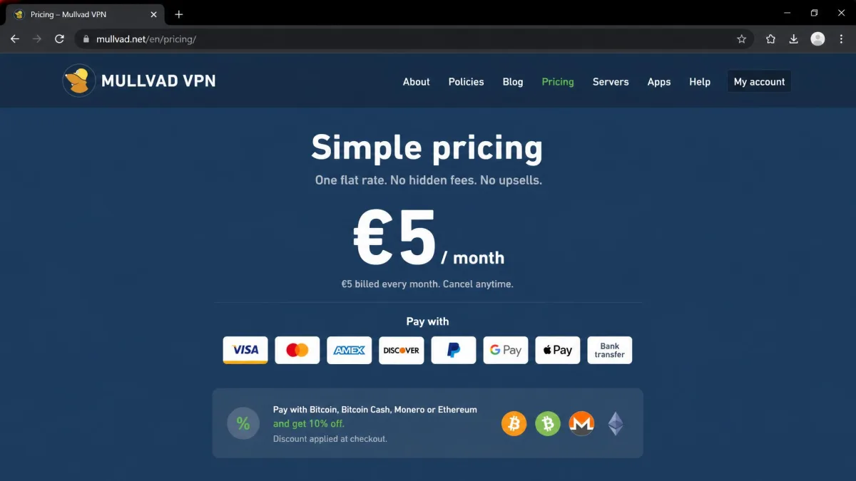 Mullvad's pricing page open in a browser showing the single five euro per month rate, the payment method icons, and the crypto discount note.