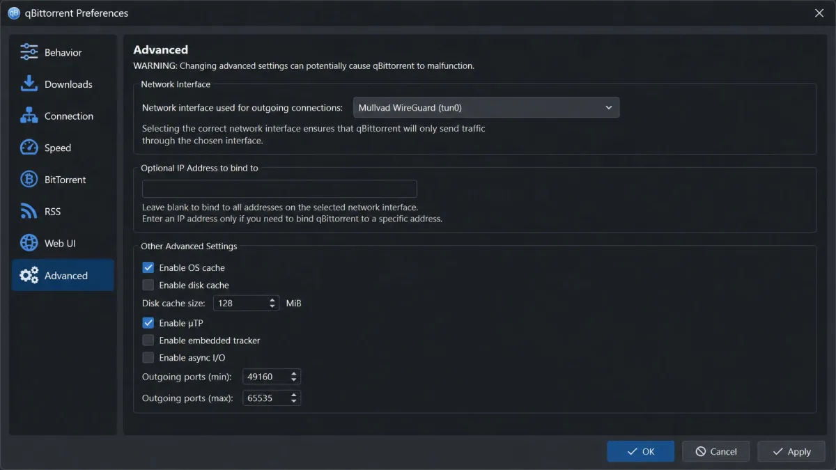 qBittorrent advanced settings with the network interface dropdown set to the Mullvad WireGuard adapter so the client only sends traffic through the VPN tunnel.