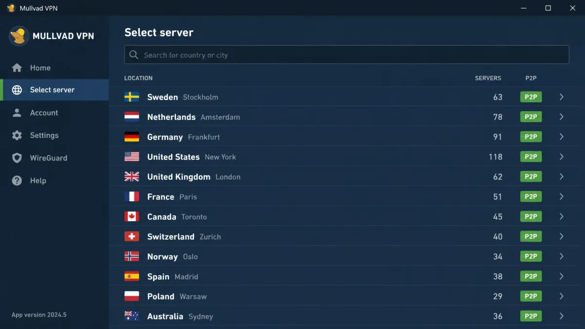 Mullvad server selector showing a list of countries and cities with server counts, a search box at the top, and P2P support indicated for every listed location.