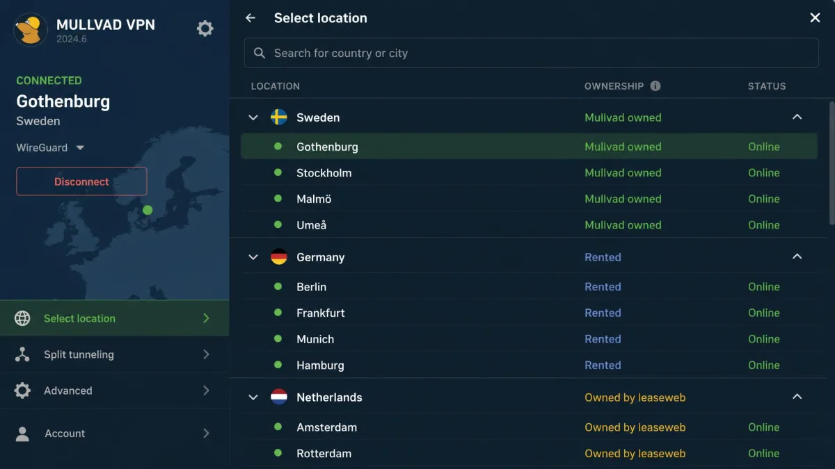 Mullvad's in-app server picker expanded to show country and city entries with per-server ownership labels and green online status indicators.