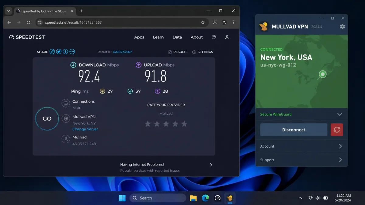 An Ookla Speedtest result page showing 92.4 Mbps download and 91.8 Mbps upload while connected to a Mullvad server in New York, with the Mullvad app window visible alongside.