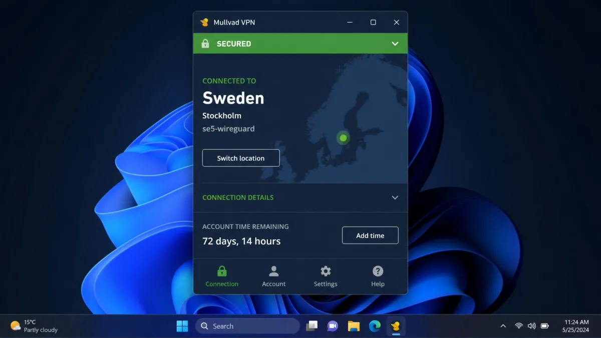 Mullvad VPN desktop app on Windows 11 showing a secured connection to a Sweden server, the account time remaining, and the green Secured status banner at the top of the window.
