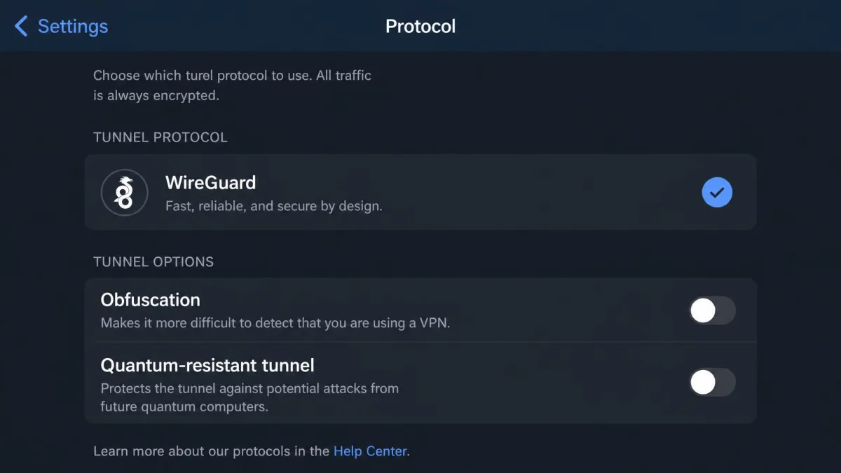 Mullvad app protocol settings showing WireGuard as the only available tunnel protocol, with obfuscation and quantum-resistant tunnel toggles listed underneath.