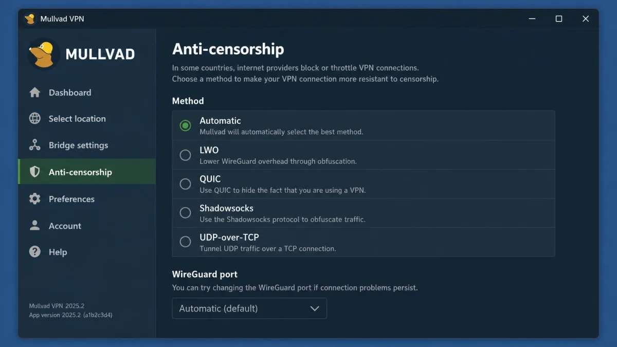The Mullvad desktop app's Anti-censorship screen listing Automatic, LWO, QUIC, Shadowsocks and UDP-over-TCP under Method, with a WireGuard port option below.