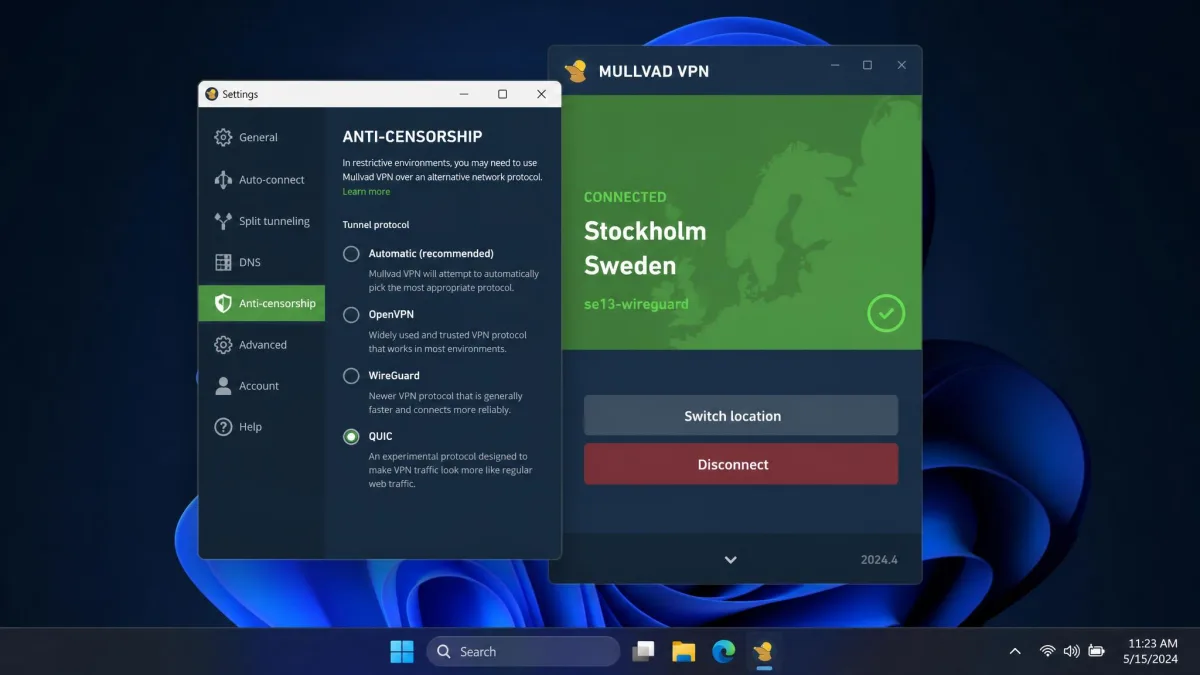 Mullvad's Windows app with QUIC selected under Anti-censorship, showing the connected status and a server location in the main window behind it.