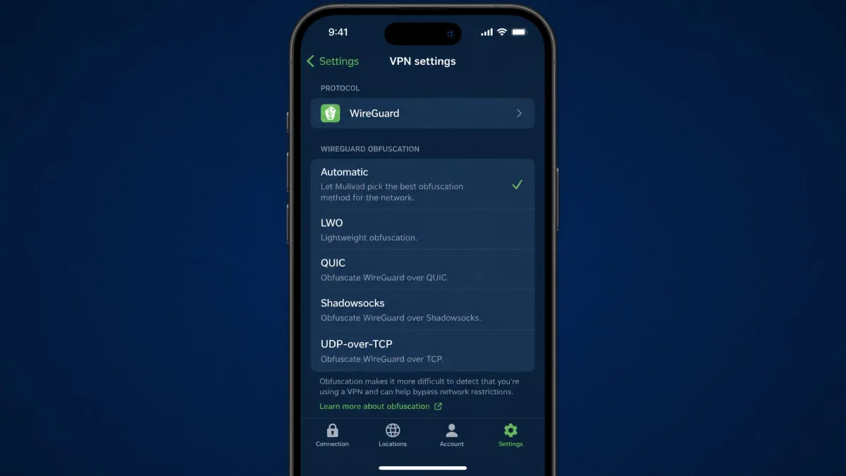 Mullvad's iPhone app open to VPN settings with the WireGuard obfuscation menu listing Automatic, LWO, QUIC, Shadowsocks and UDP-over-TCP.