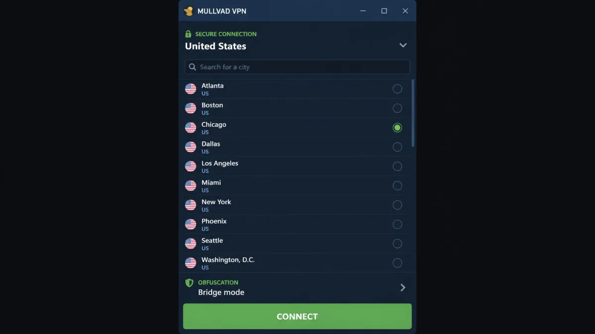 Mullvad's location list filtered to United States cities, with an obfuscation method active and the connect button at the bottom of the screen.