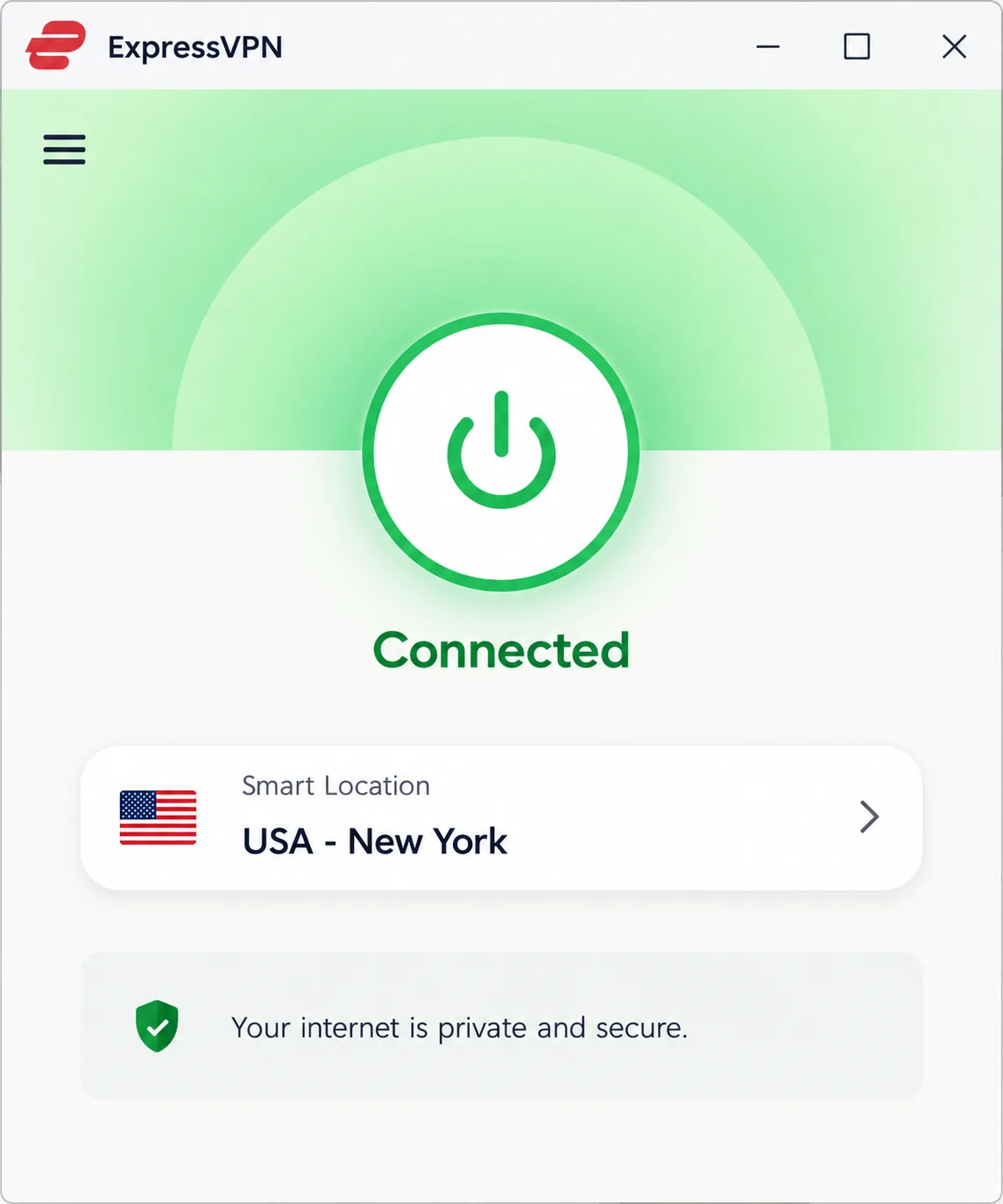 ExpressVPN's desktop app showing the large round connect button, a Smart Location of USA - New York and a green Connected status line.