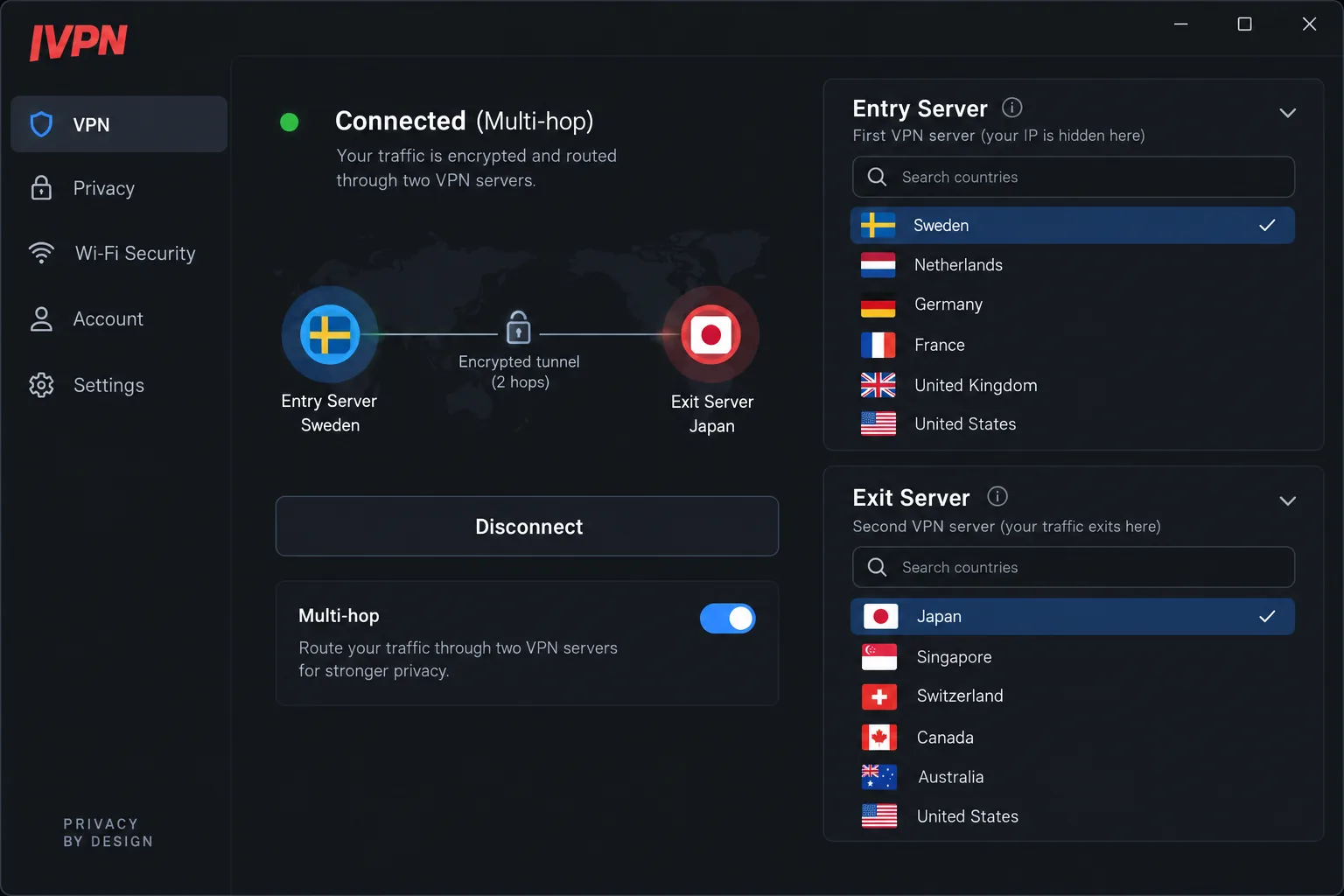 IVPN's desktop app with multi-hop enabled, showing separate entry server and exit server pickers set to two different countries.