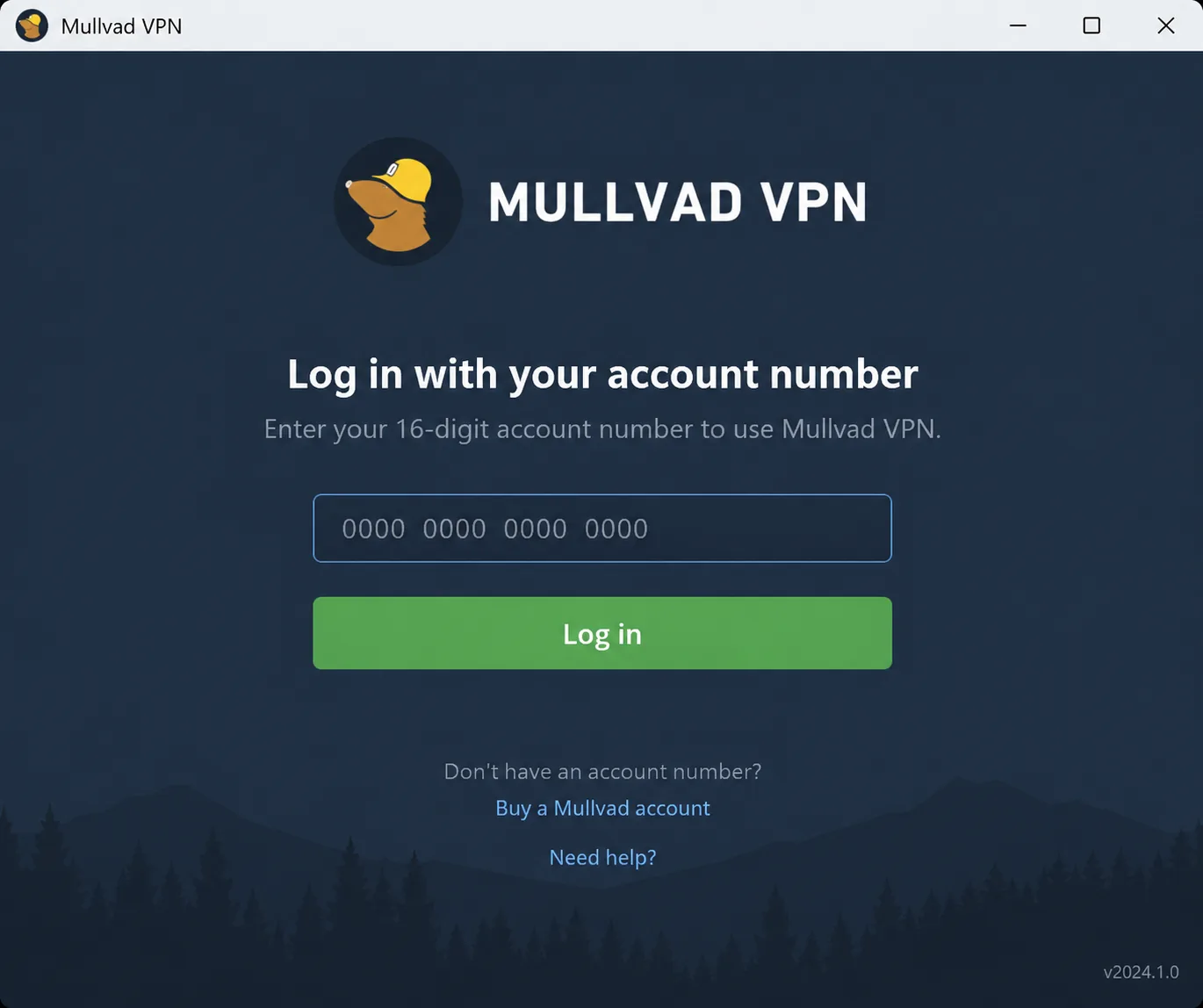 Mullvad VPN's desktop login screen asking only for a 16-digit account number, with no email or password fields.