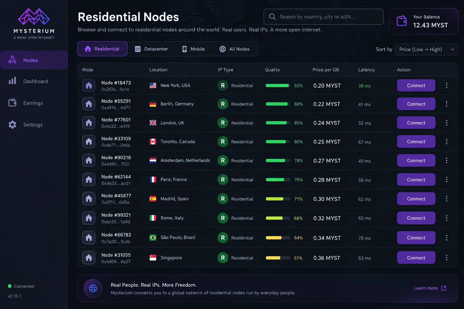 Mysterium's node-based app showing a list of residential nodes, each with its own price and quality indicator and an R marker for residential IPs.