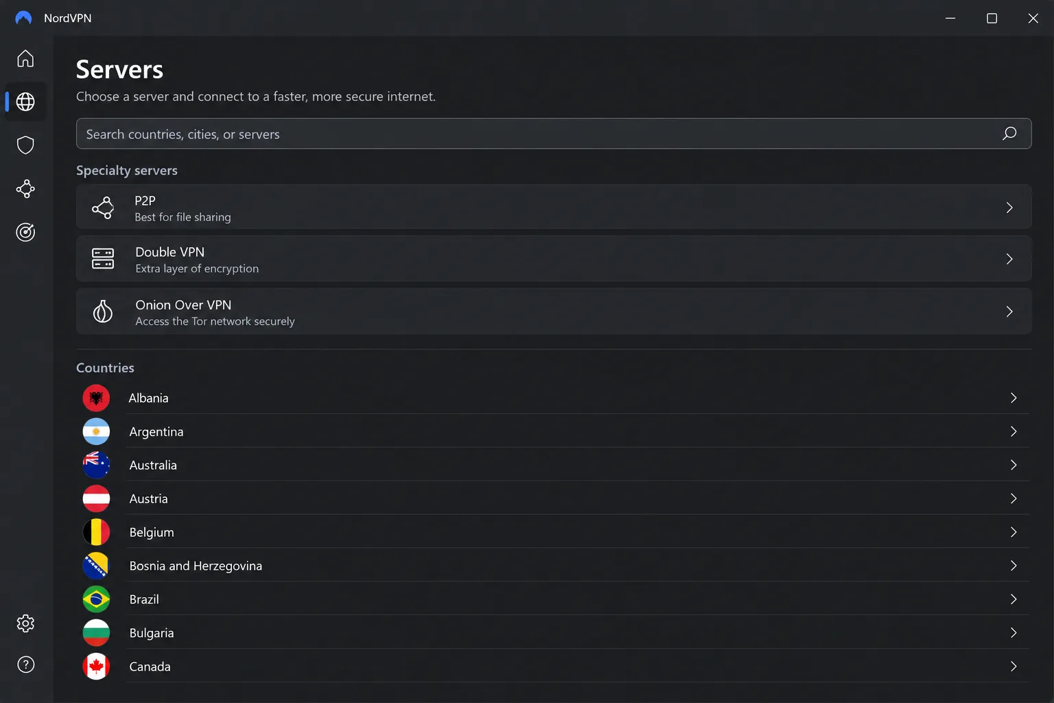 NordVPN's Windows app in list view instead of the map, showing specialty server groups for P2P, Double VPN and Onion Over VPN above the country list.