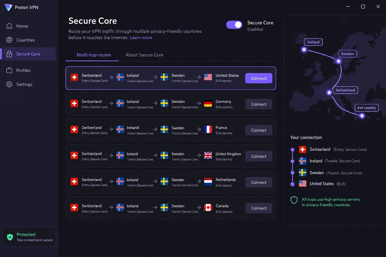 Proton VPN's Windows app with the Secure Core tab open, listing multi-hop routes that pass through Switzerland, Iceland and Sweden before reaching the exit country.