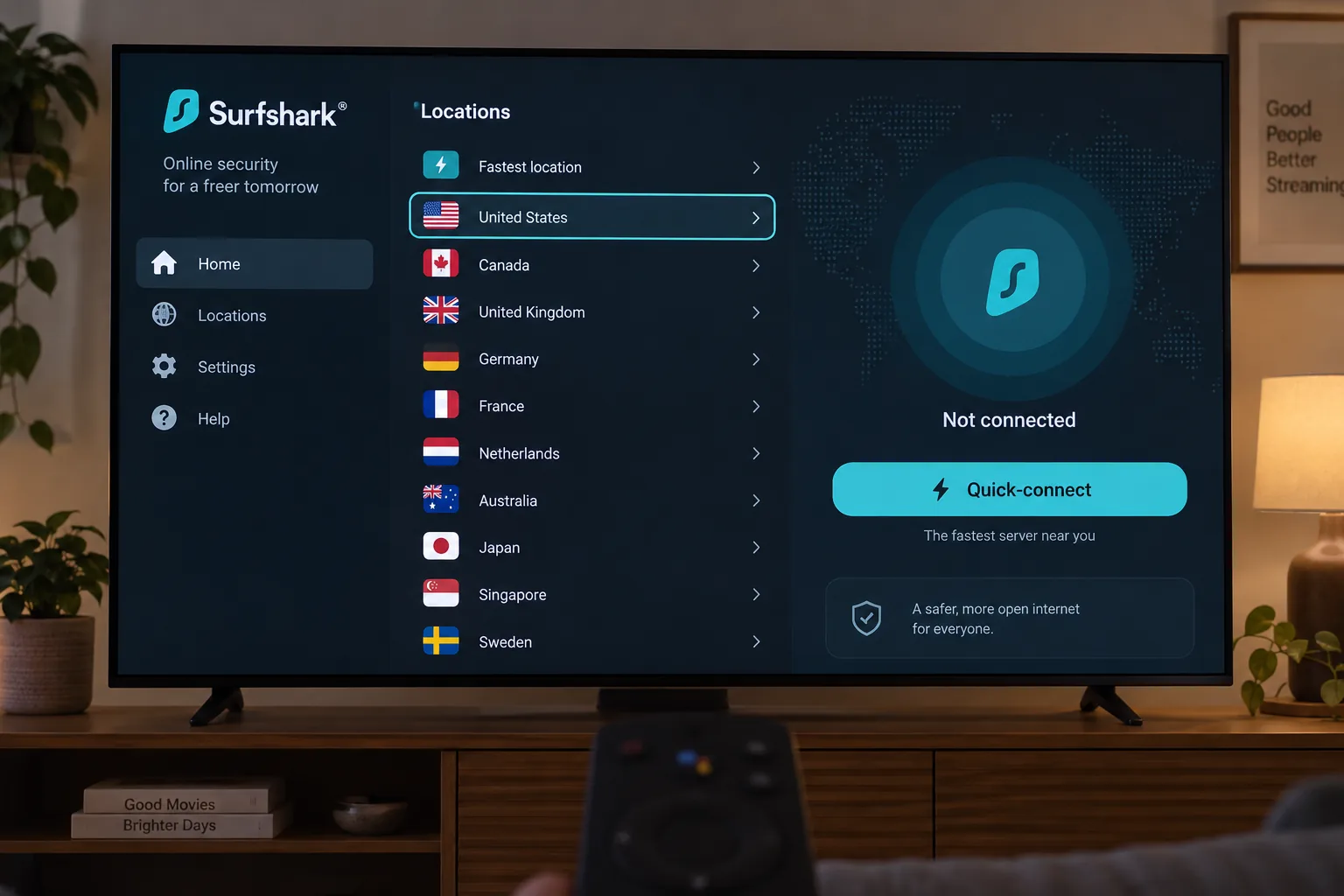 Surfshark's Android TV app on a living-room television, with the Quick-connect button and a list of country locations navigable by remote.