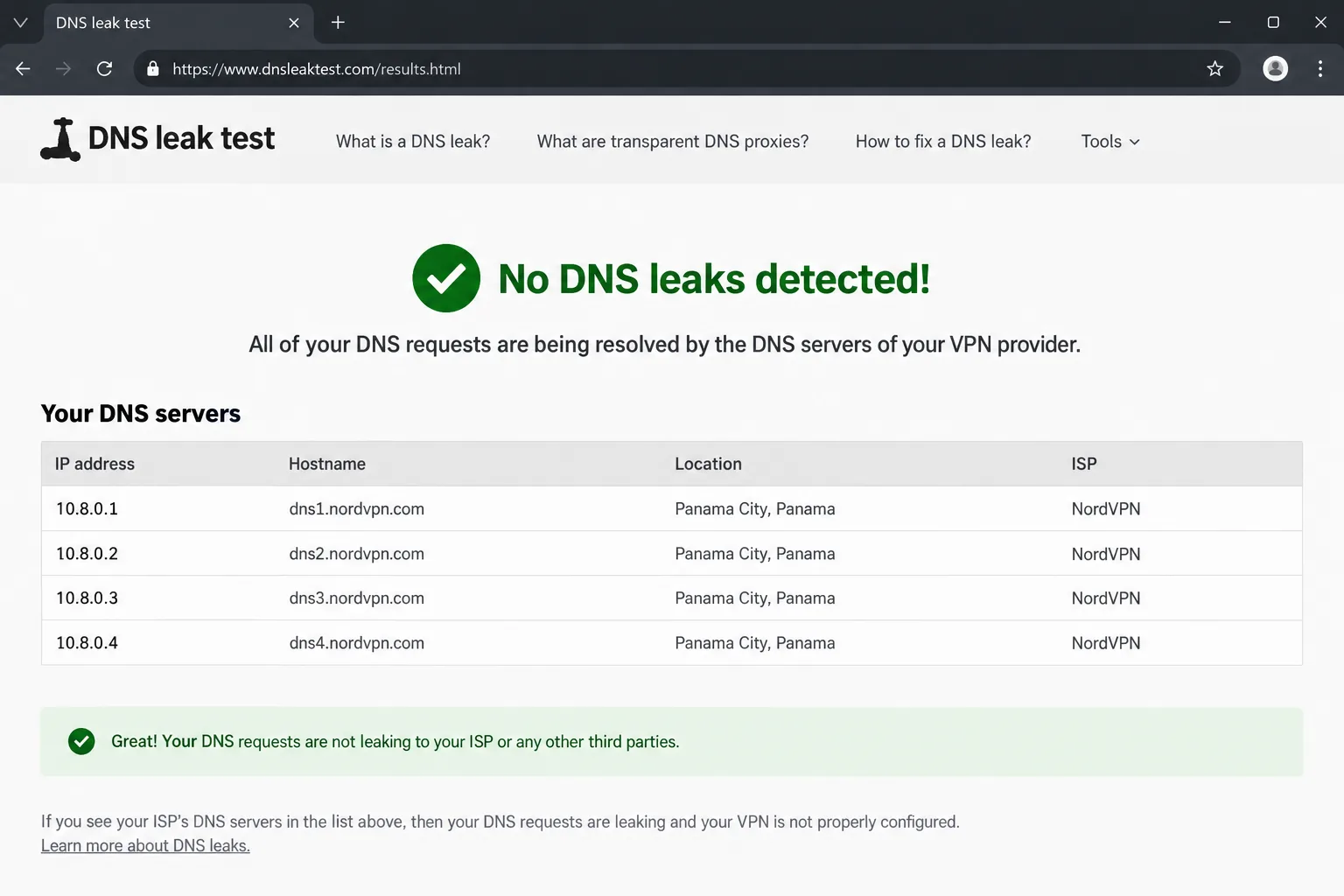 A browser DNS leak test results page after connecting to a VPN, listing only the VPN provider's DNS servers and no ISP resolvers.