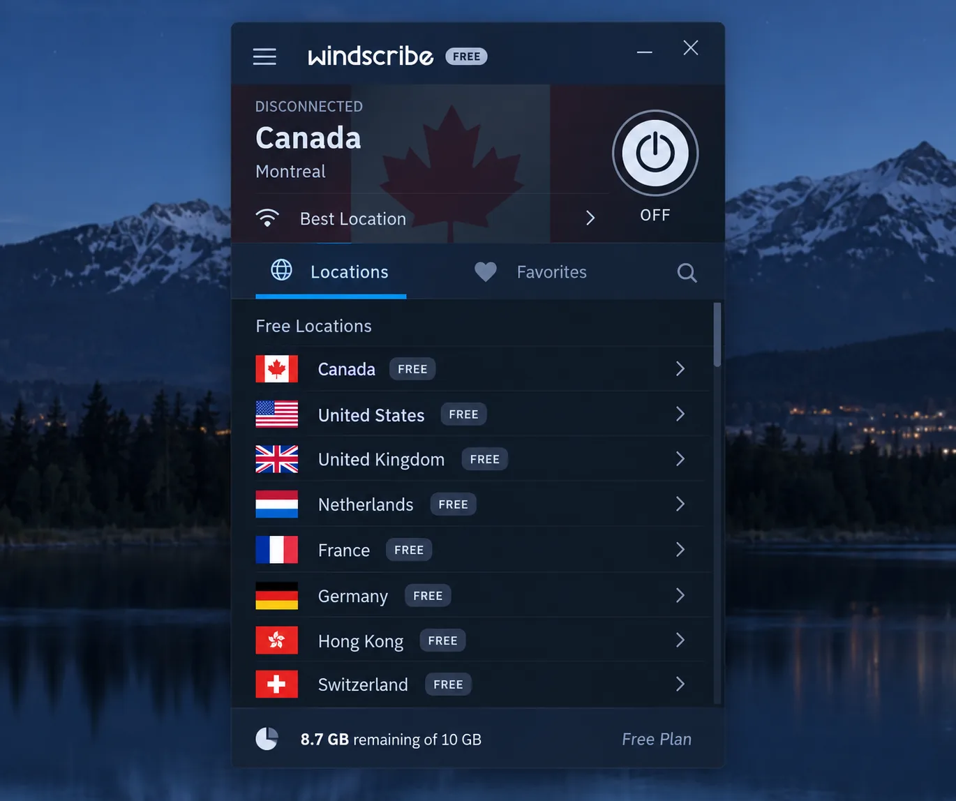 Windscribe's desktop app on the free plan, with the remaining monthly data allowance shown at the bottom and a list of free server locations open.