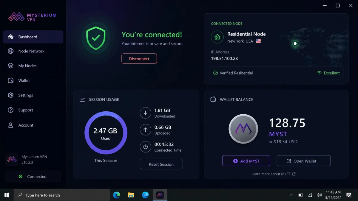 Mysterium VPN main dashboard on Windows showing a connected residential node, current session data usage, and the wallet balance in MYST tokens.