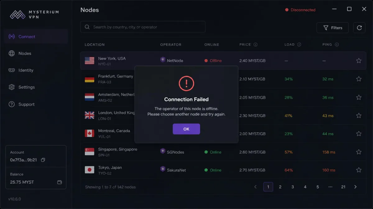 Mysterium VPN app displaying a connection failed error message after selecting a node whose operator has gone offline, with the node list still visible behind the dialog.