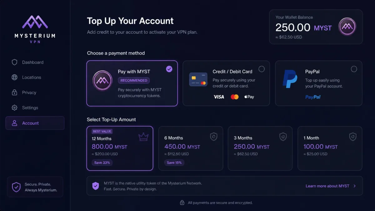 Mysterium VPN payment screen showing options to pay with MYST cryptocurrency tokens alongside card and PayPal top-up, with a wallet balance displayed in MYST.