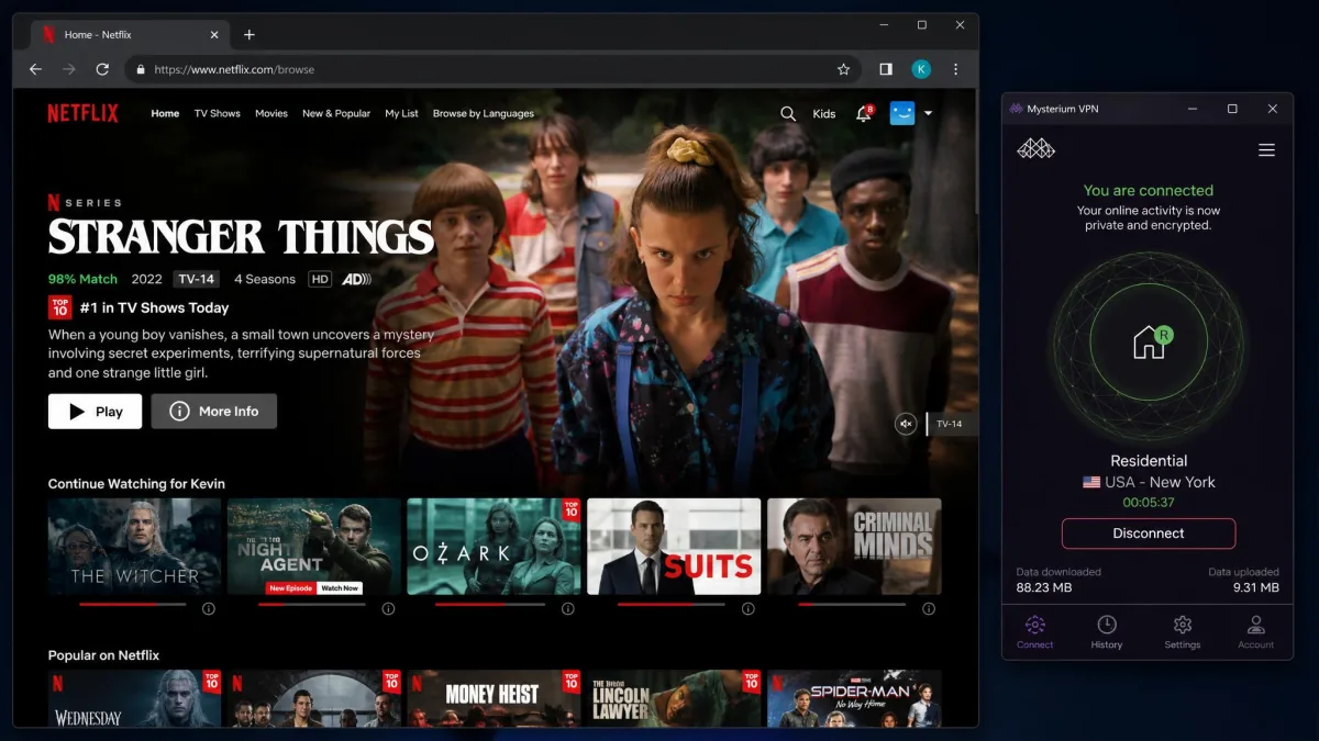 Netflix US home screen playing successfully in a browser with the Mysterium VPN app connected to a residential node beside it, the R marker visible on the active connection.