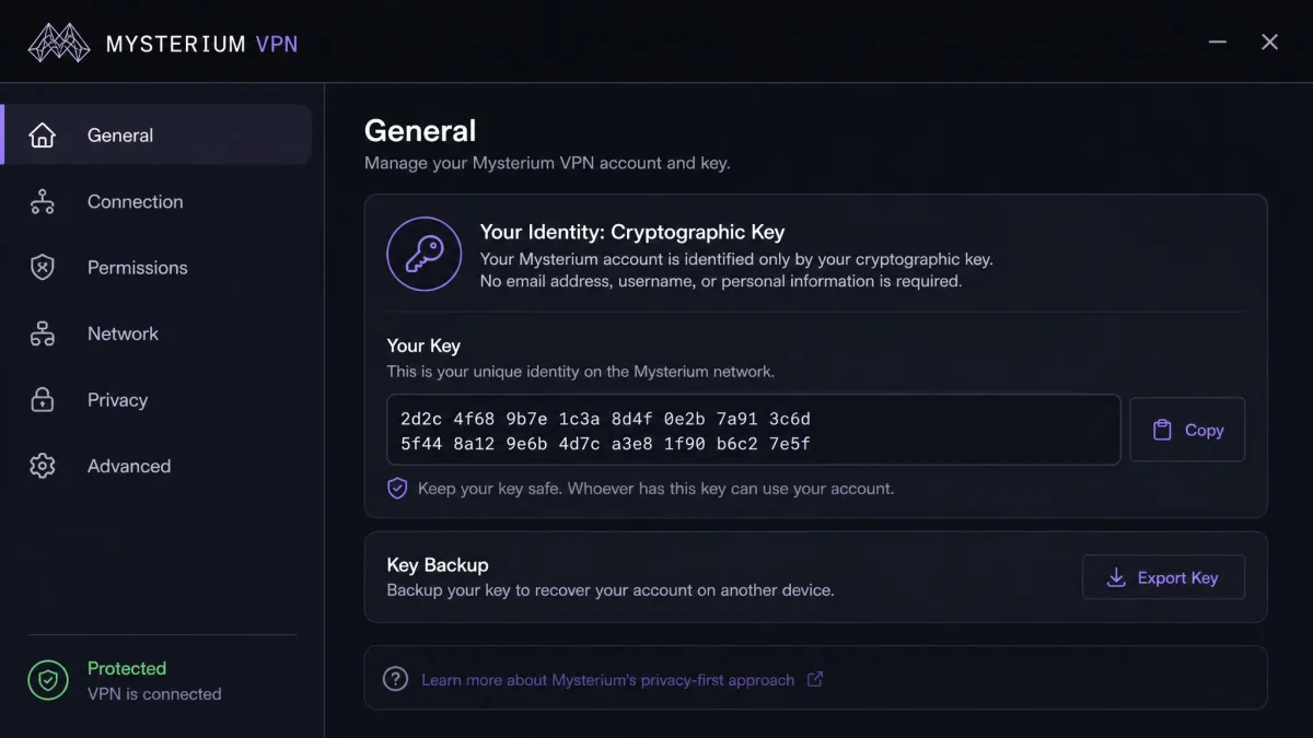 Mysterium VPN settings panel showing that the account is identified only by a generated cryptographic key, with no email address or username field present.