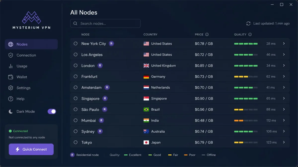 Mysterium VPN desktop app showing its node list, with each node displaying its own price, country, and a quality indicator bar, and residential nodes marked with an R badge.