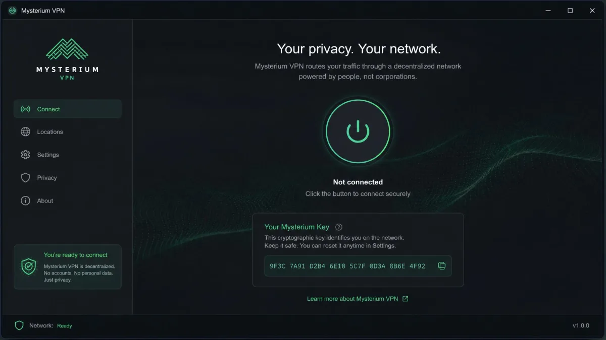 Mysterium VPN Windows app on first launch, showing the connect screen with no login form and a generated cryptographic key instead of an email sign-up field.