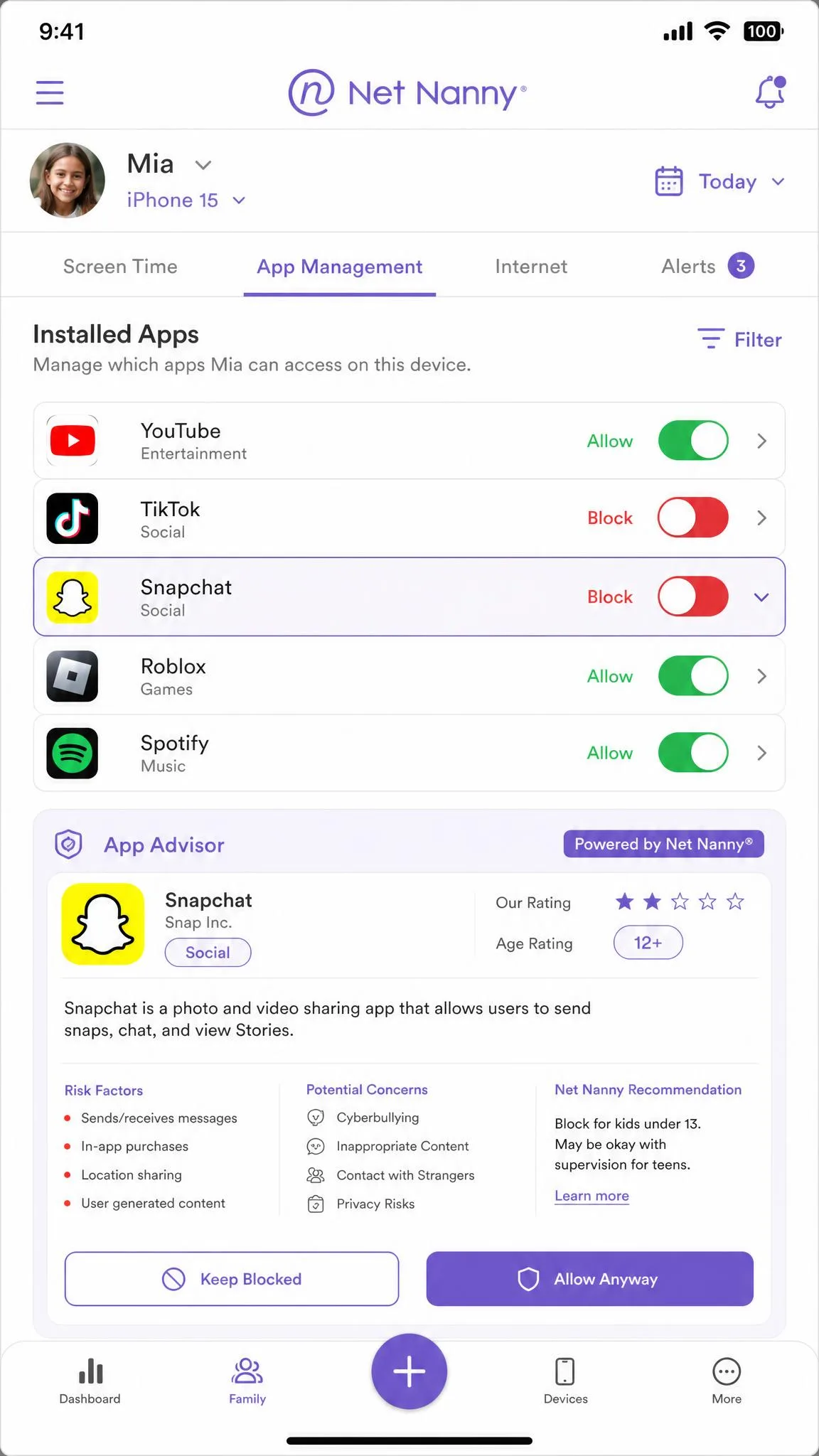 Net Nanny app management screen on a parent phone showing a list of installed child apps with allow and block switches, and an App Advisor summary panel open for one social app.