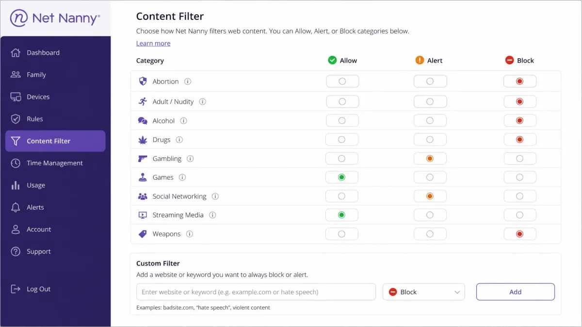 Net Nanny content filter settings screen listing content categories with allow, alert and block toggles beside each one, and a custom filter entry field below the list.