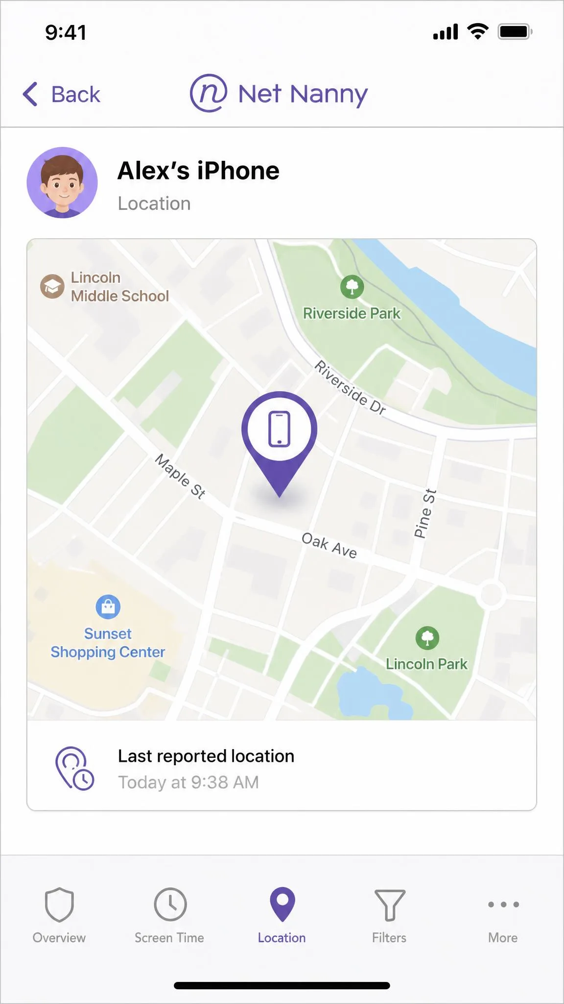 Net Nanny location screen on iOS showing a map pin marking a child's iPhone position, with the timestamp of the last reported location beneath the map.