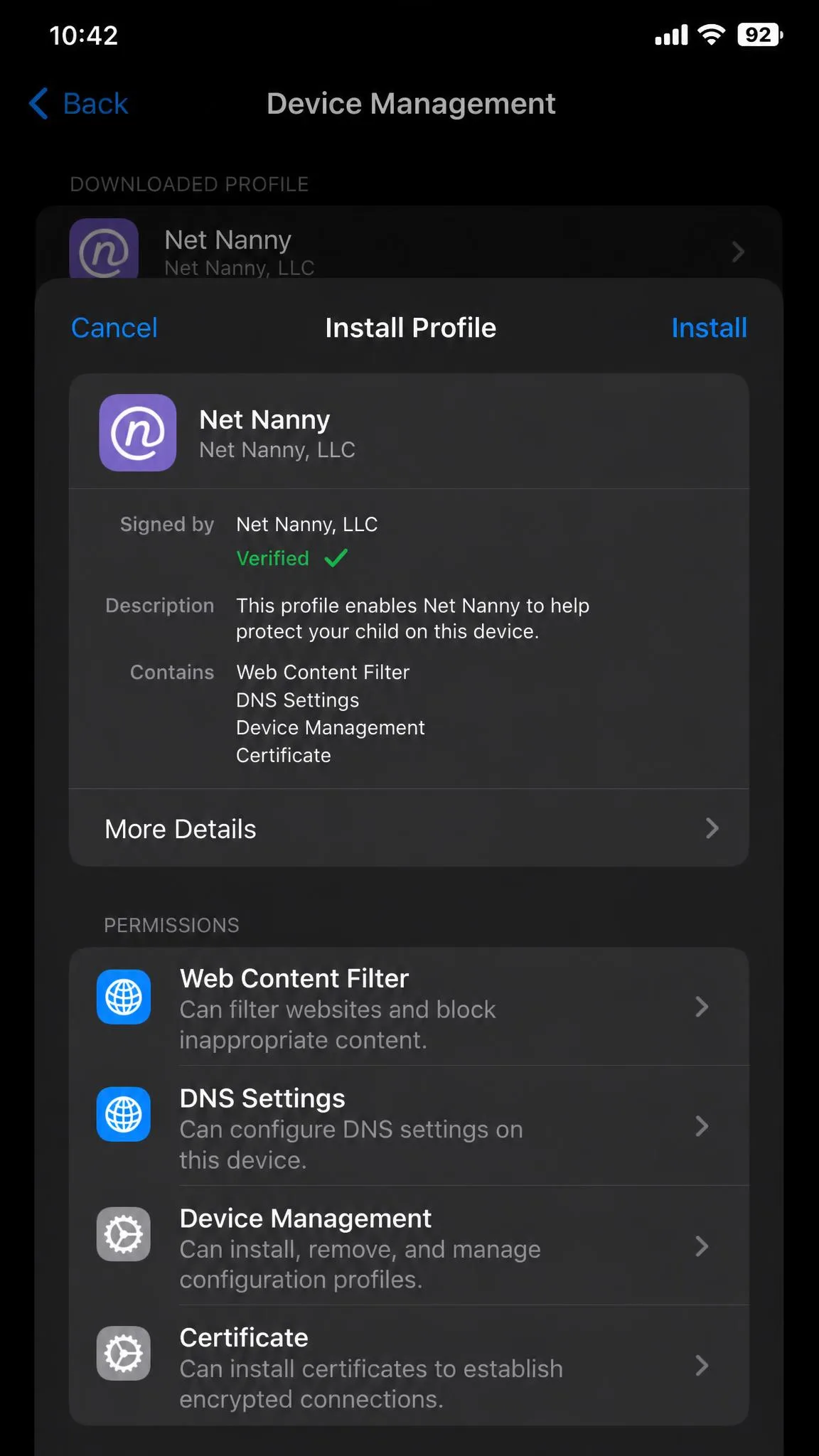 iPhone settings screen during Net Nanny child app installation, showing the device management profile install prompt with the Net Nanny profile name and its permissions list.