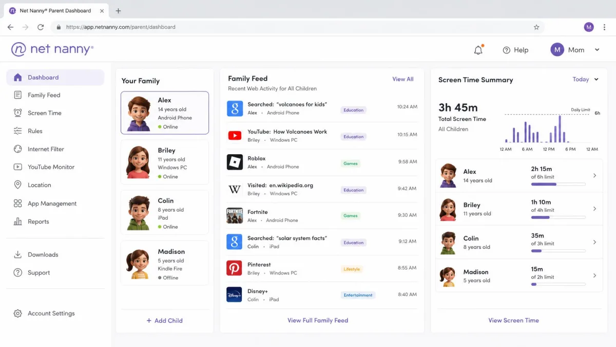 Net Nanny parent dashboard open in a desktop browser, showing the Family Feed column of recent web activity alongside child profile tiles and a screen time summary.