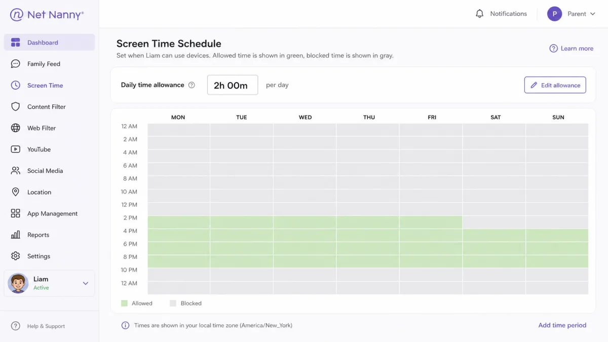 Net Nanny screen time scheduling grid on a parent dashboard showing allowed and blocked hours across a full week for one child profile, with a daily time allowance field above it.