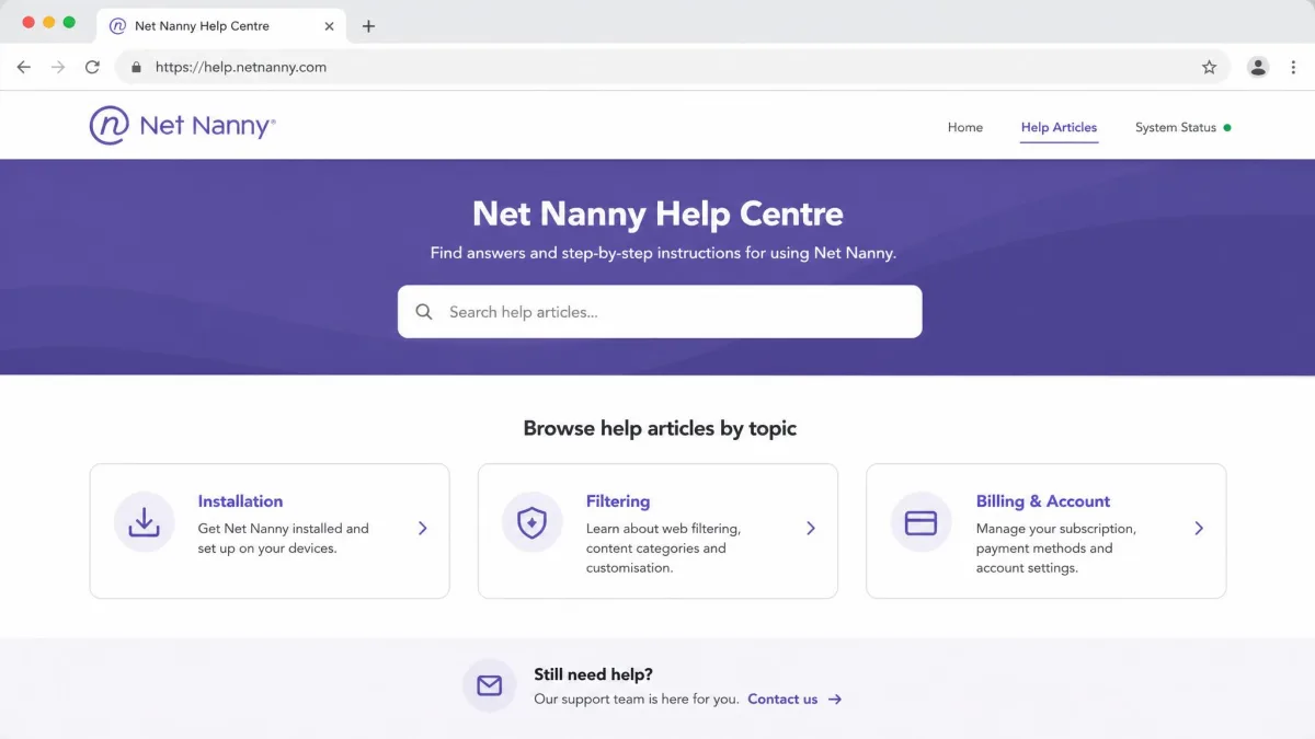 Net Nanny help centre page in a browser showing support article categories for installation, filtering and billing, with a contact form link at the foot of the page.