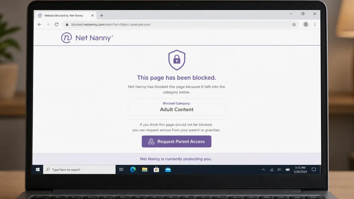 Windows laptop browser displaying the Net Nanny block page after a filtered website was requested, showing the blocked category name and an option to request parent access.