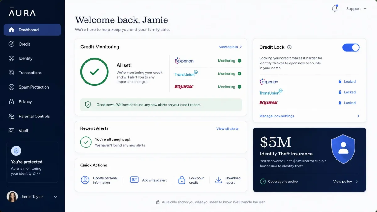 Aura's identity protection dashboard showing credit monitoring status, a credit lock toggle, and a $5M identity theft insurance summary card.