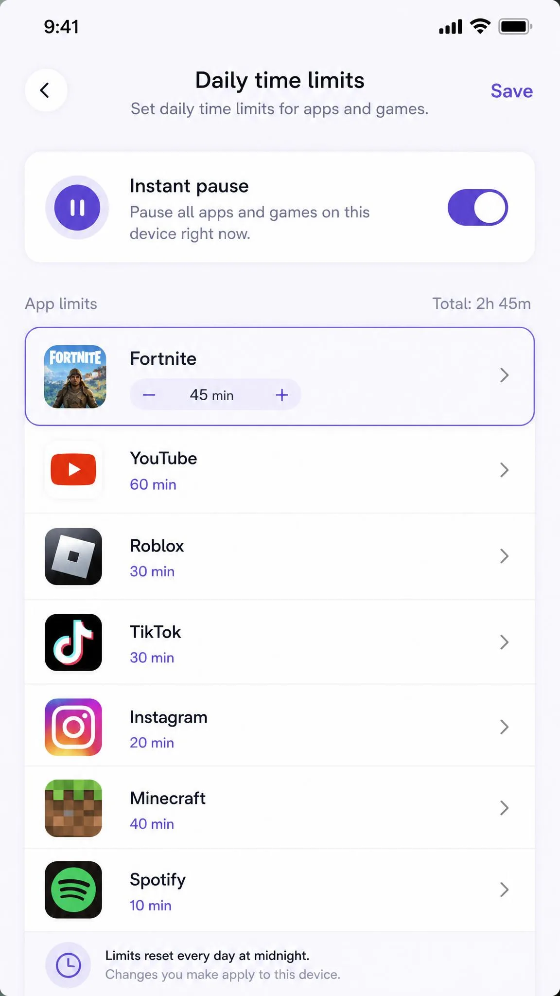 Aura parent app screen setting a daily time limit on a specific game, with a list of other apps and their allotted minutes below and an instant pause toggle at the top.