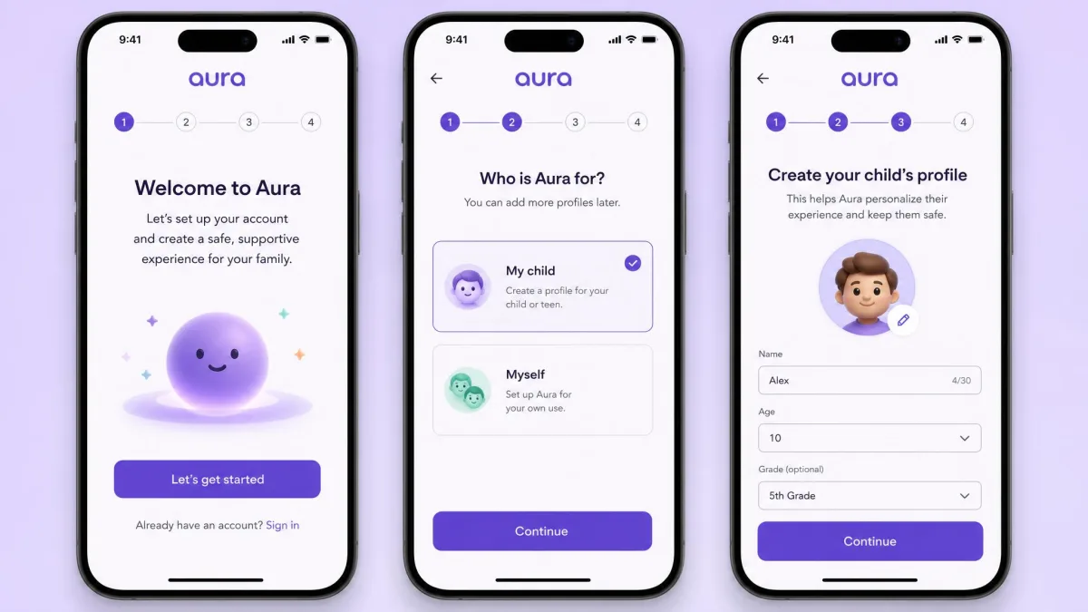 Aura's onboarding wizard on a phone walking through the setup steps, showing a progress bar and a child-profile creation screen.