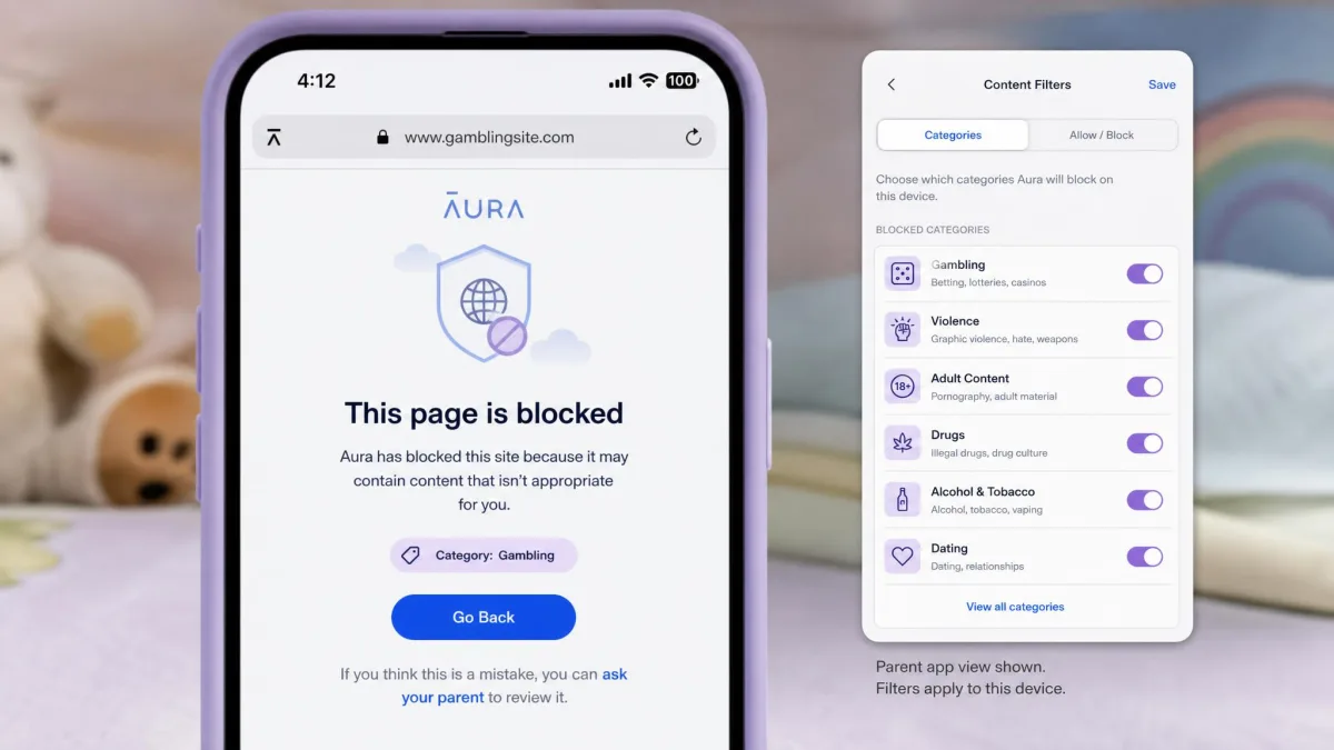 Aura's blocked-page screen on a child's phone showing a filtered website notice, with the parent app's category filter list visible in an inset.