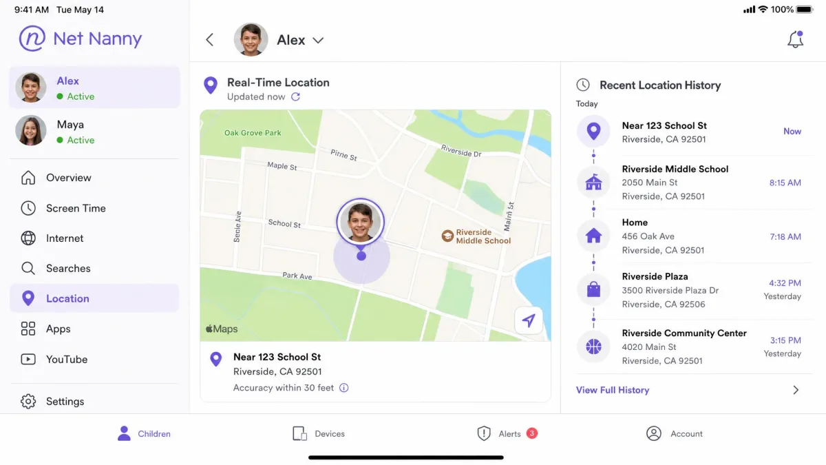 Net Nanny parent dashboard on iOS showing a child's real-time location on a map with a recent location history list beside it.