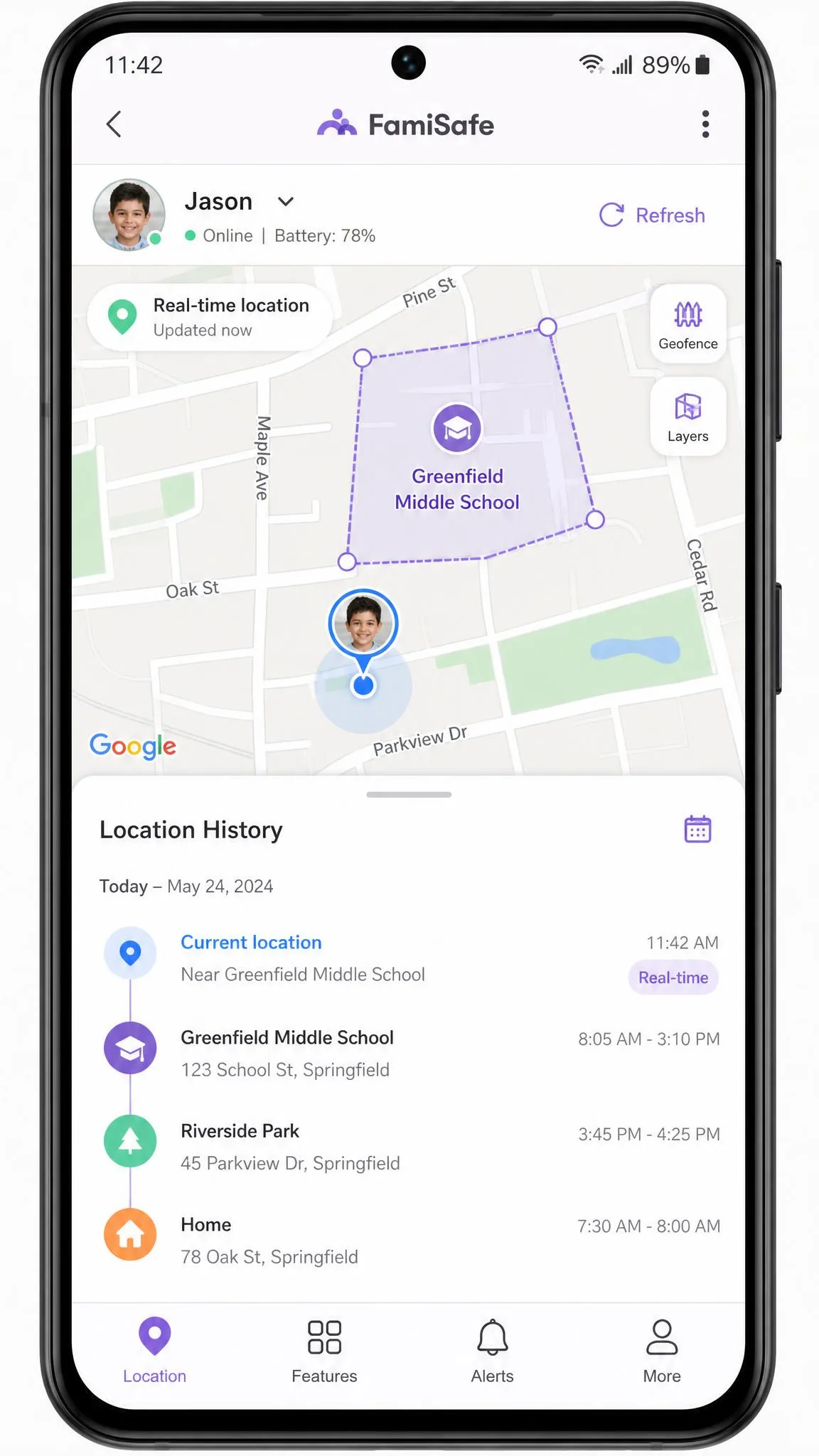 FamiSafe real-time location map on an Android phone showing a child's current position, a geofence boundary drawn around a school, and a location history timeline below the map.