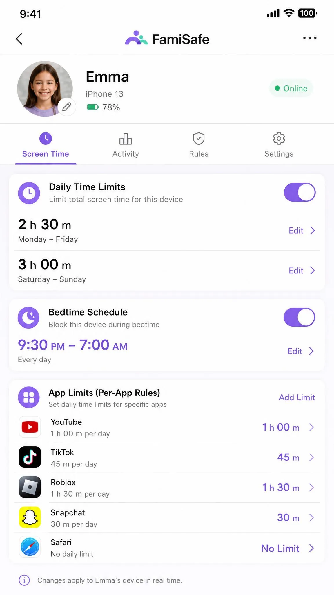 FamiSafe screen time settings on a parent phone showing daily time limits, a bedtime schedule, and per-app rules for a child profile named Emma.