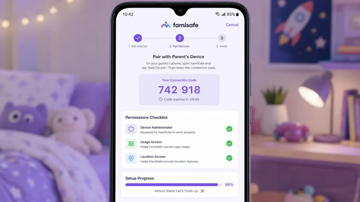 FamiSafe setup wizard on a child's phone showing the pairing step with a connection code, a permissions checklist, and a progress bar near completion.