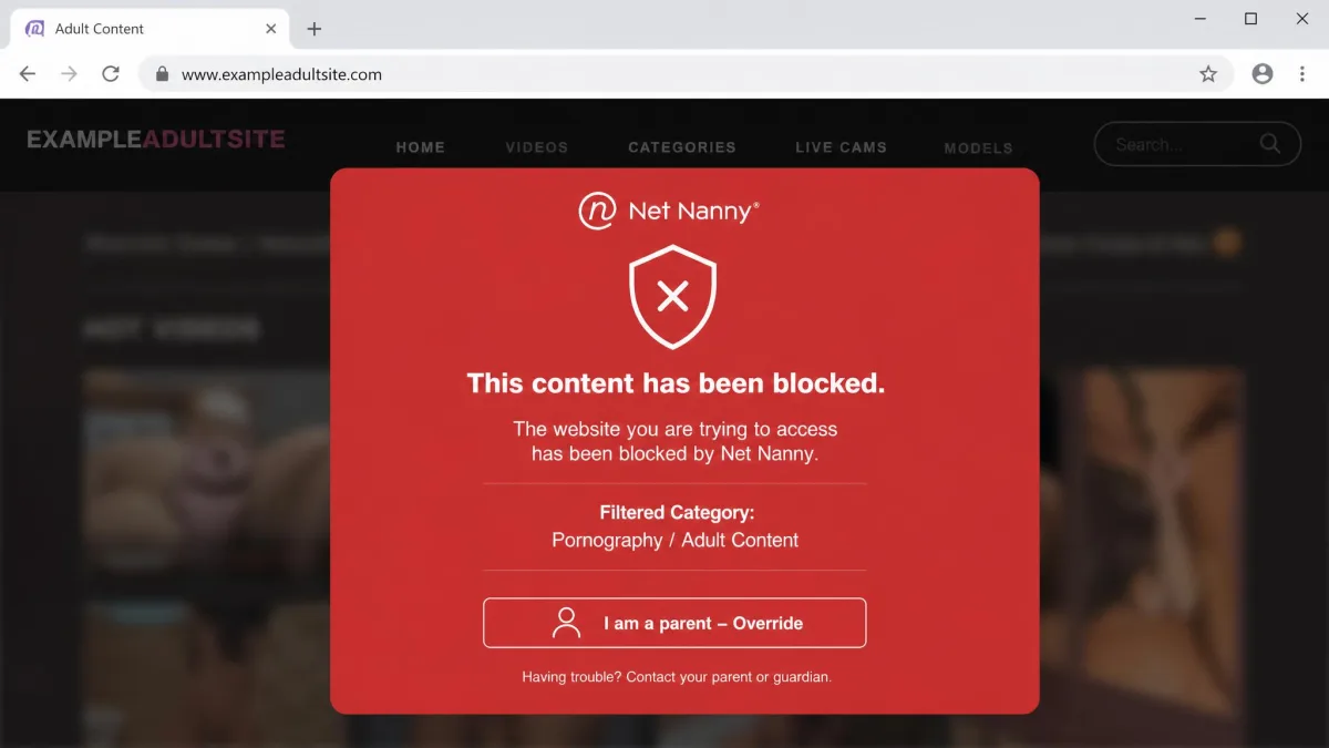 Net Nanny's real-time block screen shown in a browser, displaying a red blocked-content warning over a website with the filtered category reason listed and a parent override button.