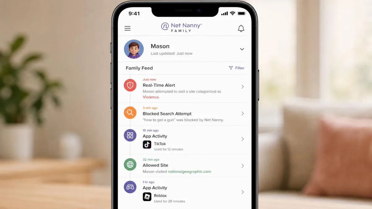 Net Nanny Family Feed on a phone showing a timeline of real-time alerts, blocked search attempts, and app activity entries with timestamps for a child account.