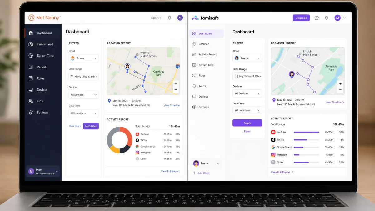 Side-by-side screenshot of the Net Nanny parent dashboard and the FamiSafe parent dashboard on a laptop, showing filtering controls on the left and location and activity reports on the right.